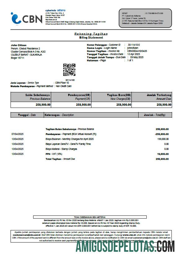 Em branco modelo de conta de serviços públicos Cyberindo Aditama da Indonésia em formatos Word e PDF